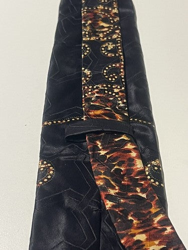 🔴 Elegante schwarze Herrenkrawatte aus reiner Seide von GIANFRANCO FERRE mit tigergestreiften Einsätzen 