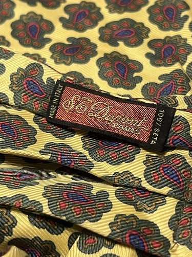 🔴 DUPONT Foulard cravatta uomo seta pura giallo oro con decori rara