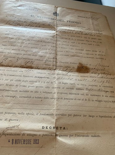 🔴 DECRETO negazione di assegno o pensione di guerra MINISTERO DEL TESORO 1923