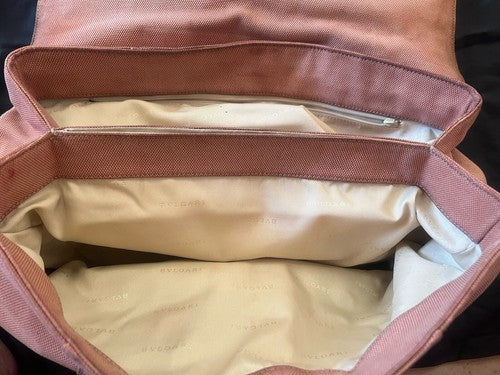 🔴 Große BULGARI Damen-Tasche aus pfirsichfarbenem Leder und Stoff mit Gebrauchsspuren, ORIGINAL 