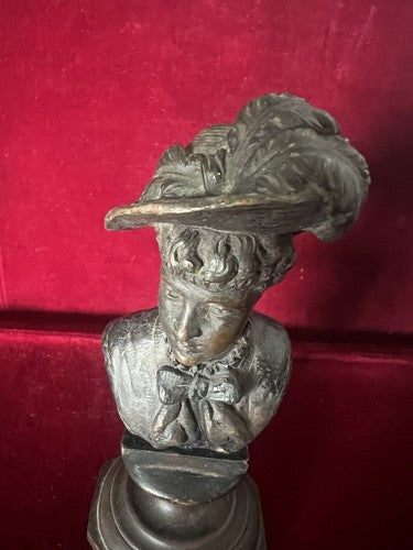 🔴 DONNA statua bronzo cera fusa scultura busto dama con cappello L 6 h 14 cm