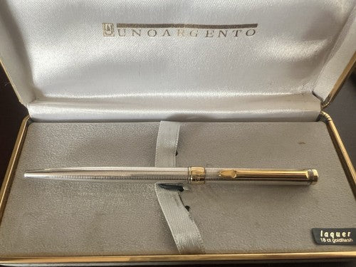 🔴 UNOARGENTO penna sfera ARGENTO 925 guillocchè profili dorati scrive astuccio