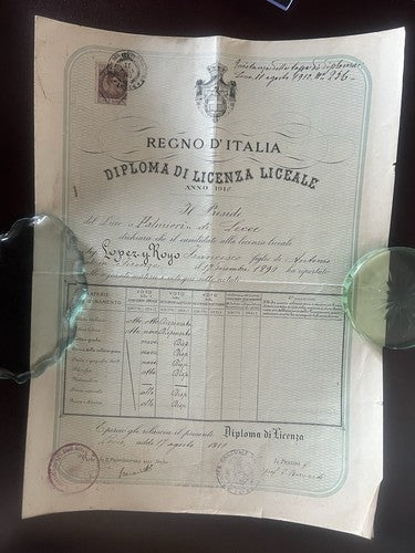 🔴 REGNO D'ITALIA diploma licenza LICEALE francobollo originale 17 AGOSTO 1910