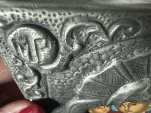 🔴 MADONNA con BAMBINO icona Sacra metallo Cesellato pittura base lignea vintage