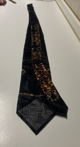 🔴 Elegante schwarze Herrenkrawatte aus reiner Seide von GIANFRANCO FERRE mit tigergestreiften Einsätzen 