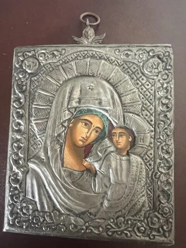 Madonna Avec Enfant Icône Saint Métal Ciselé Peinture Base Bois Vintage