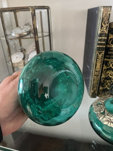 🔴 Vasi ampolle ARGENTO 925 e VETRO verde da essenze ed olio con ricamo