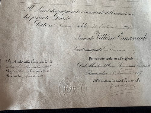 🔴 VITTORIO EMANUELE III, Titel FINANZRECHNER, Dekret des RECHNUNGSPRÜFERGERICHTS 1907 