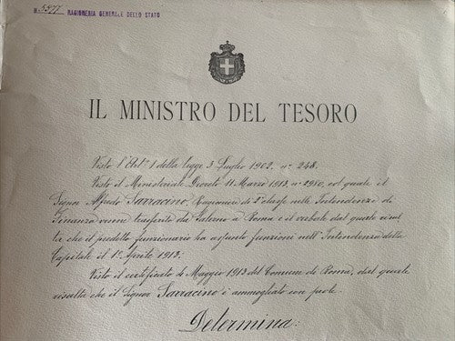 Certificat D'Honneur Comptable D'État Vittorio Emanuele Ministère Trésor 1913