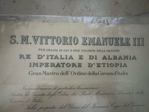Vittorio Emanuele III Certificat Cavaliere Gran Maestro Ordre Couronne Italie