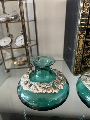 🔴 Vasi ampolle ARGENTO 925 e VETRO verde da essenze ed olio con ricamo