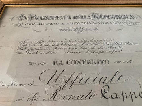 🔴 REPUBLIC OFFICIAL certificate of honor Rome 1960 with frame 