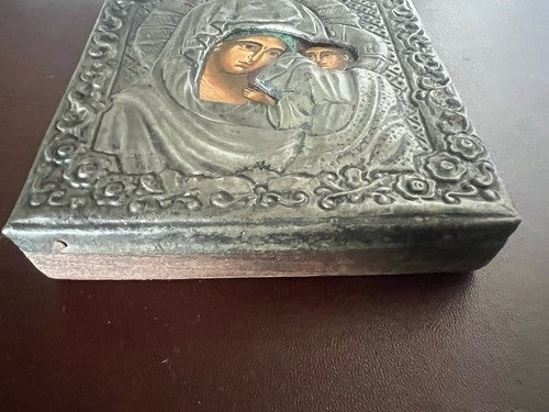 Madonna Avec Enfant Icône Saint Métal Ciselé Peinture Base Bois Vintage