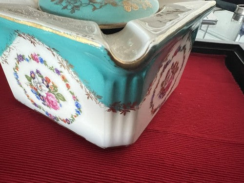 Pillivuyt Cendrier Porcelaine Français Fleurs Peinture Main Avec Couvercle 
