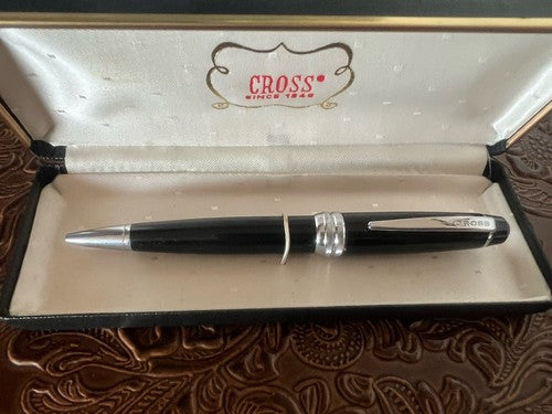 🔴 CROSS penna sfera lacca nera profili cromati scrive con astuccio F
