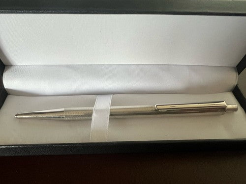 🔴 Penna sfera ARGENTO MASSICCIO 925 onde guillocchè pulsante scrive vintage 18