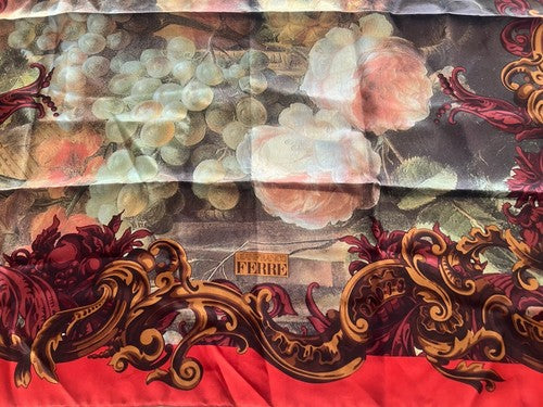 🔴 GIANFRANCO FERRE' foulard donna seta pura rosso con quadro frutta elegante