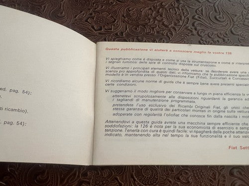 Fiat 126 Booklet Car Use Maintenance Italian Original Vintage