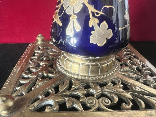 Encrier Bureau Céramique Bleu Et Laiton Ajouré Peinture Avec Or Zecchino