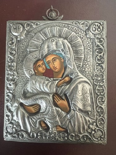 🔴 MADONNA con BAMBINO icona Sacra metallo Cesellato pittura base lignea vintage