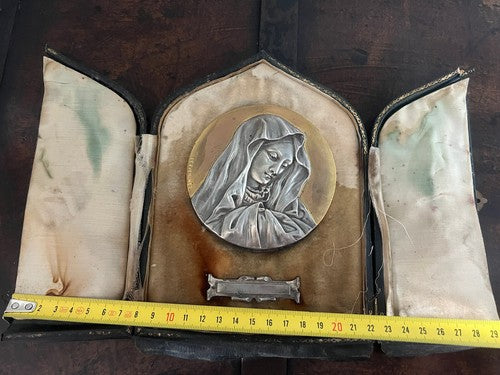 🔴 DESVERGNES Madonna medaglione metallo cesellato RILIEVO base di pelle vintage