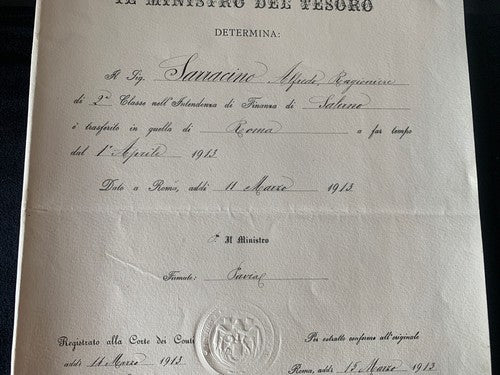 Certificat D'Honneur Comptable De L'État Vittorio Emanuele Ministère Trésor