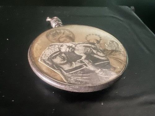 🔴 Ciondolo MADONNA CON BAMBINO santini ARGENTO 800 olografia su carta vintage