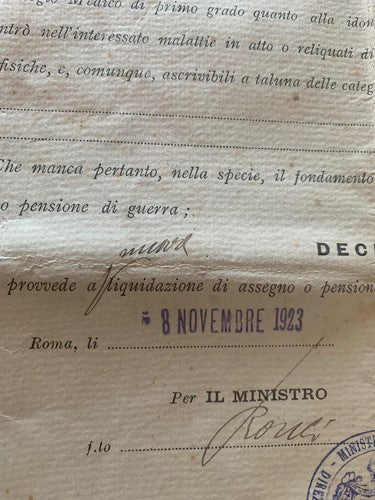 🔴 DECRETO negazione di assegno o pensione di guerra MINISTERO DEL TESORO 1923