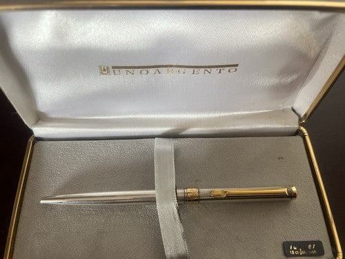 🔴 UNOARGENTO penna sfera ARGENTO 925 guillocchè profili dorati scrive astuccio