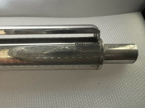 🔴 Penna sfera ARGENTO MASSICCIO 925 onde guillocchè pulsante scrive vintage 18