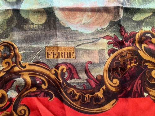 🔴 GIANFRANCO FERRE' foulard donna seta pura rosso con quadro frutta elegante