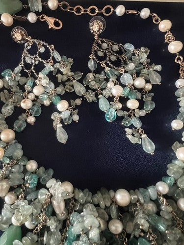 🔴 DEA GIOIELLI orecchinI collana ARGENTO placcata oro raggi QUARZO PERLE parure