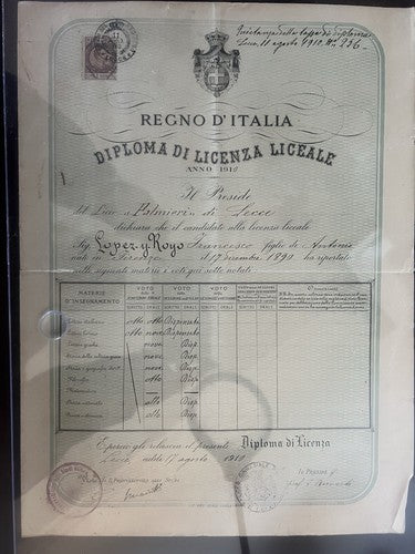 🔴 REGNO D'ITALIA diploma licenza LICEALE francobollo originale 17 AGOSTO 1910