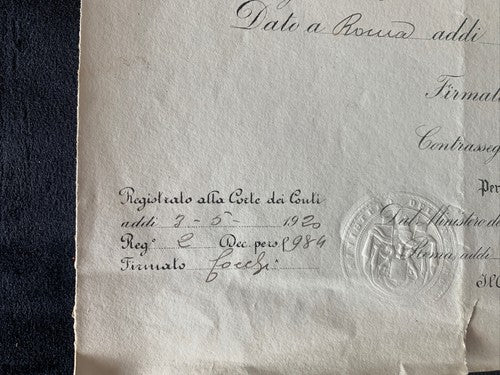 🔴 VITTORIO EMANUELE III, Titel FINANZRECHNER, Dekret des RECHNUNGSPRÜFERGERICHTS 1920 