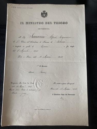 Certificat D'Honneur Comptable De L'État Vittorio Emanuele Ministère Trésor