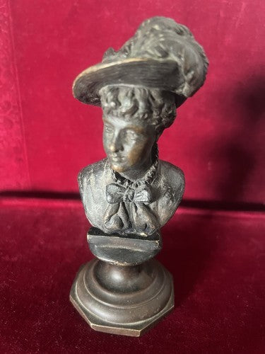 🔴 DONNA statua bronzo cera fusa scultura busto dama con cappello L 6 h 14 cm