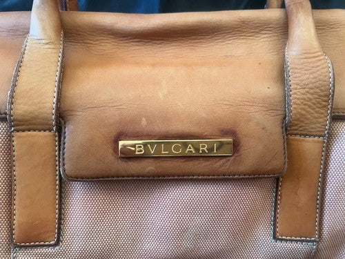 🔴 Große BULGARI Damen-Tasche aus pfirsichfarbenem Leder und Stoff mit Gebrauchsspuren, ORIGINAL 