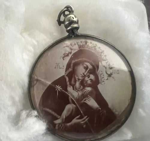 🔴 Ciondolo MADONNA CON BAMBINO santini ARGENTO 800 olografia su carta vintage