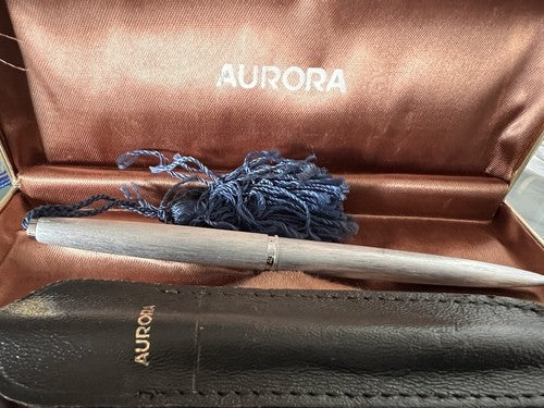 🔴 AURORA penna sfera cromata satinata con FIOCCO e porta penna pelle vintage