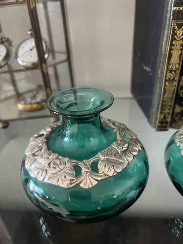 🔴 Vasi ampolle ARGENTO 925 e VETRO verde da essenze ed olio con ricamo