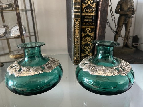 🔴 Vasi ampolle ARGENTO 925 e VETRO verde da essenze ed olio con ricamo