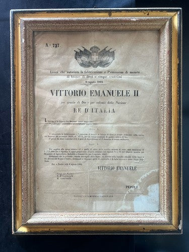 🔴 VITTORIO EMANUELE II legge conio monete 5 10 centesimi 1862 quadro ORIGINALE