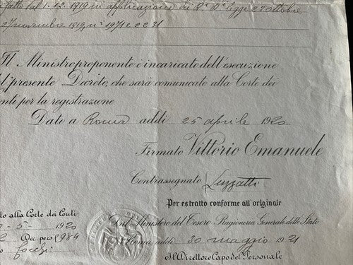 🔴 VITTORIO EMANUELE III, Titel FINANZRECHNER, Dekret des RECHNUNGSPRÜFERGERICHTS 1920 