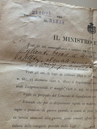🔴 DECRETO negazione di assegno o pensione di guerra MINISTERO DEL TESORO 1923