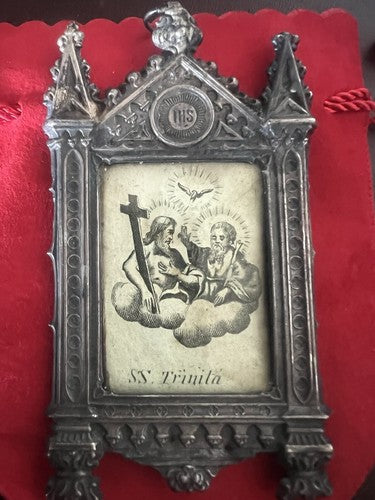 Santino Argent 800 Ss Trinité À Bas-Relief Ciselé Crochet 7X 13 Antique