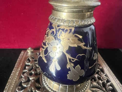 Blue Ceramic Desk Inkwell With Painted Gold Filigree