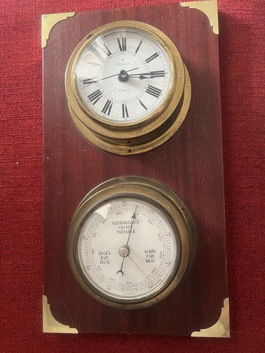 🔴 VEGLIA Wanduhr-Barometer aus Holz und Messing mit Bullauge 
