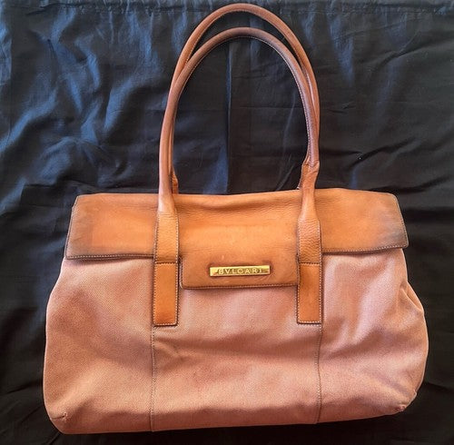 🔴 Große BULGARI Damen-Tasche aus pfirsichfarbenem Leder und Stoff mit Gebrauchsspuren, ORIGINAL 