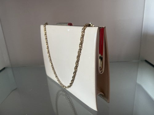 🔴 BORSA borsetta gioiello pelle VERNICE AVORIO seta verde con catena ART DECO'