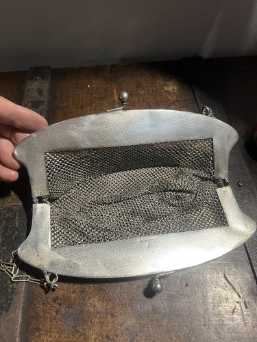 🔴 Borsa metallo filigrana fatta mano SILVER Germani con catena vintage art decò